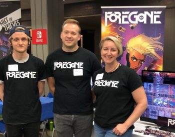 Jordan, Mike, and Karen from the Foregone team manning the Foregone booth at Game Slice 2019